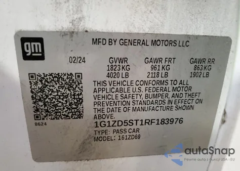 2024 Chevrolet Malibu Lt z USA, uszkodzony, nr VIN 1G1ZD5ST1RF183976